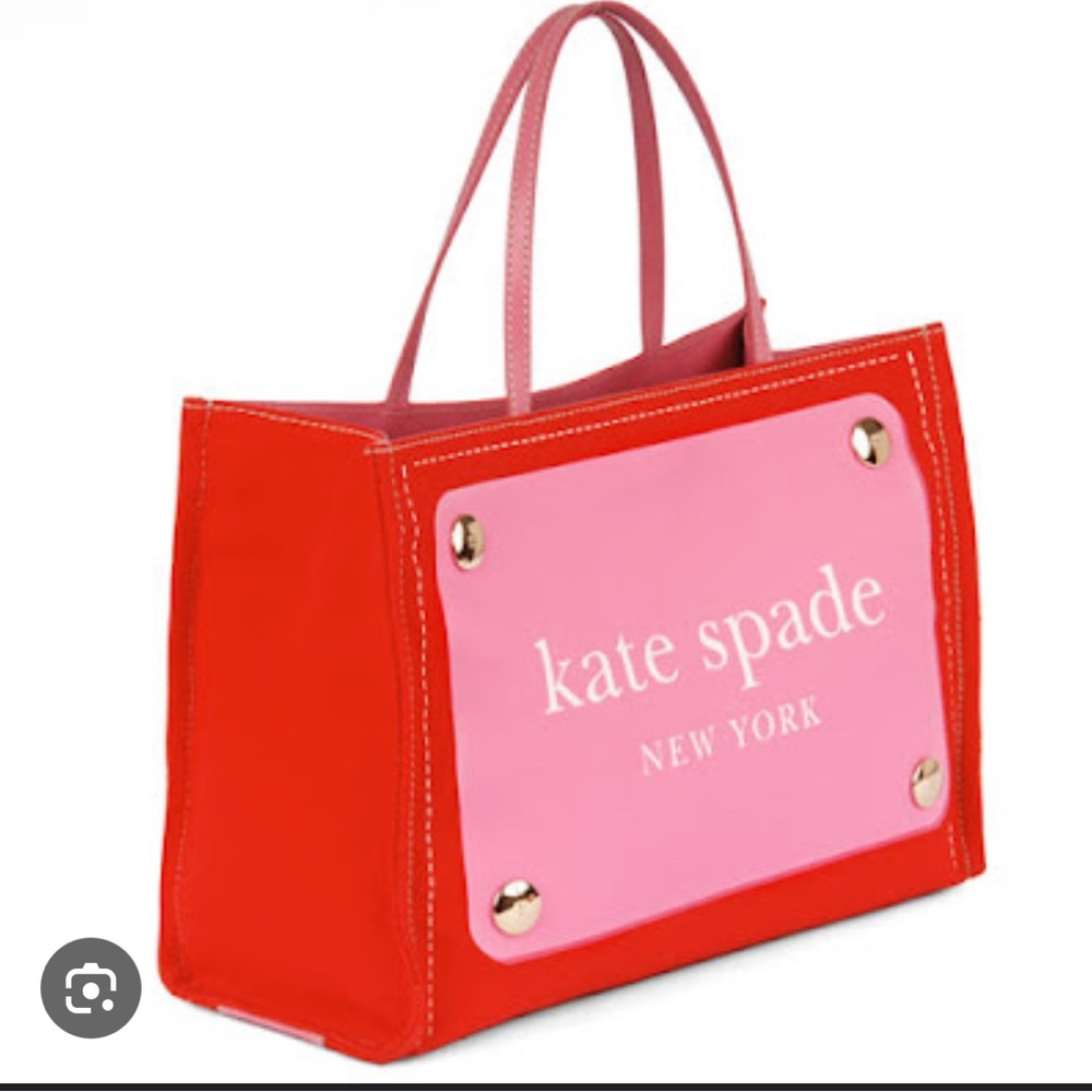 KATE SPADE Bag Knit TOTE NEW in Pink & Red Preppy Silver Buttons 15" x 9"